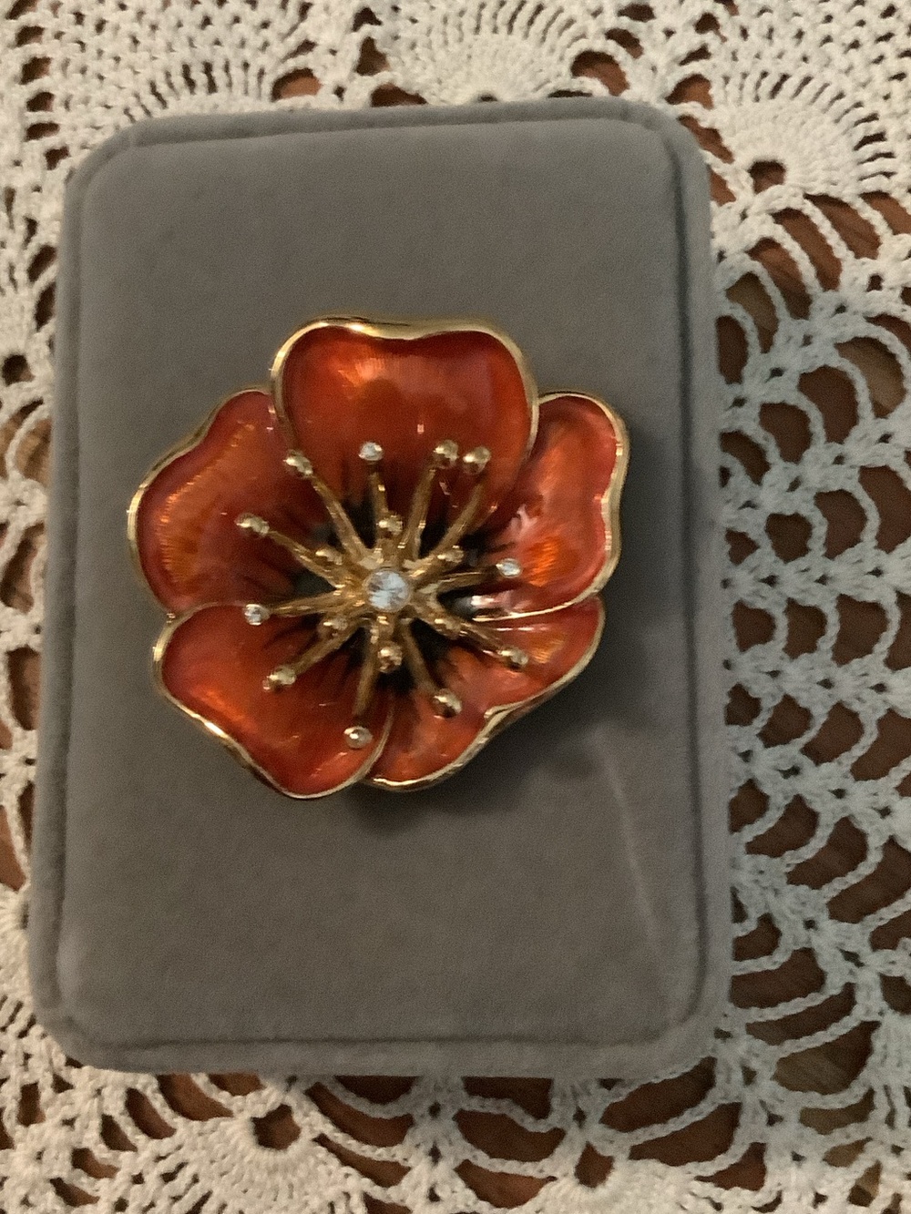 Monet Vintage Orange Enamel Pansy Brooch with Rhinestones